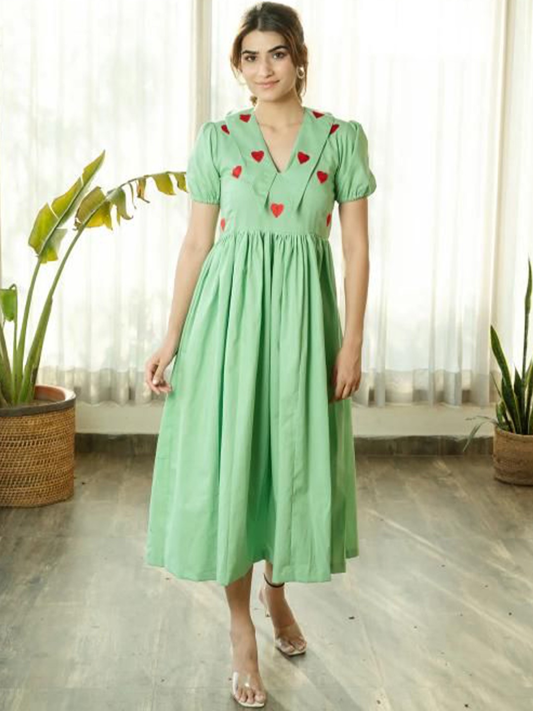 

SUKITI Cotton Puff Sleeve Applique Fit & Flare Midi Dress, Green