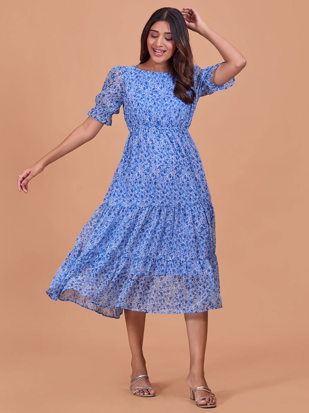 

Murcia Floral Print Puff Sleeve Chiffon Fit & Flare Midi Dress, Blue