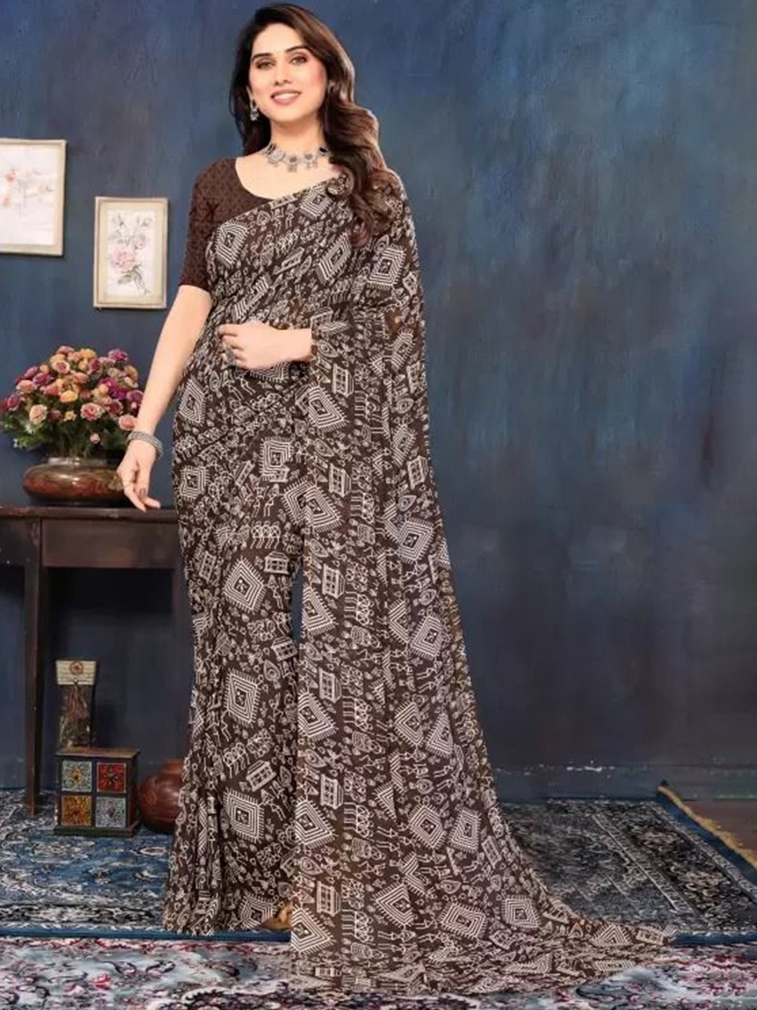 

KALINI Warli Printed Pure Georgette Saree, Brown