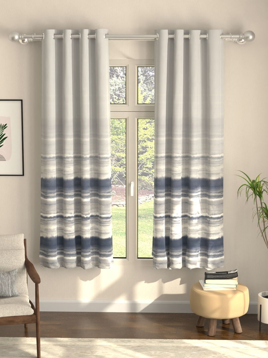 

URBAN SPACE Navy Blue & White Pack of 2 Colourblocked Black Out Window Curtains