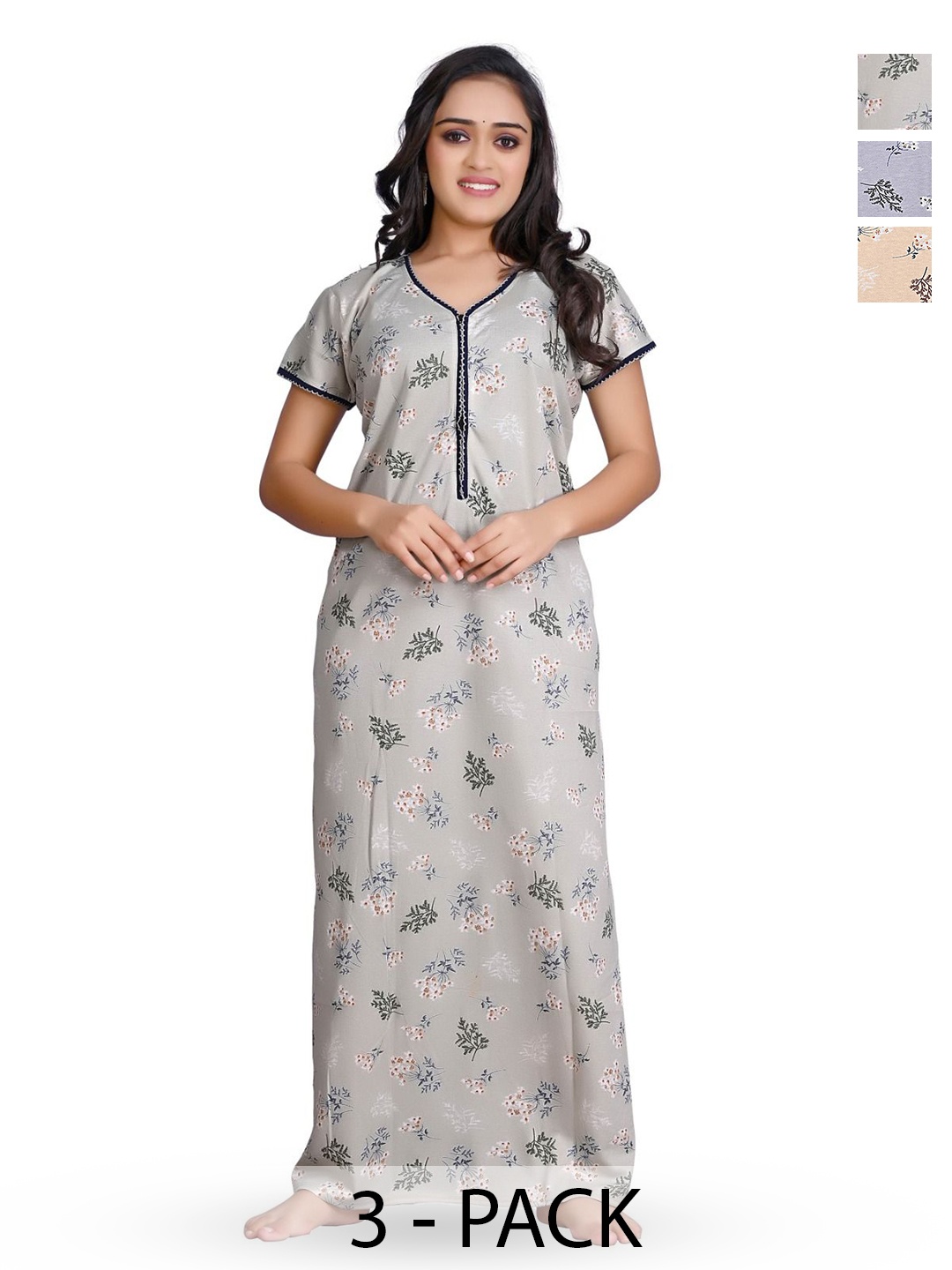 

G4Girl Women Pack Of 3 Printed Maxi Nightdress, Grey