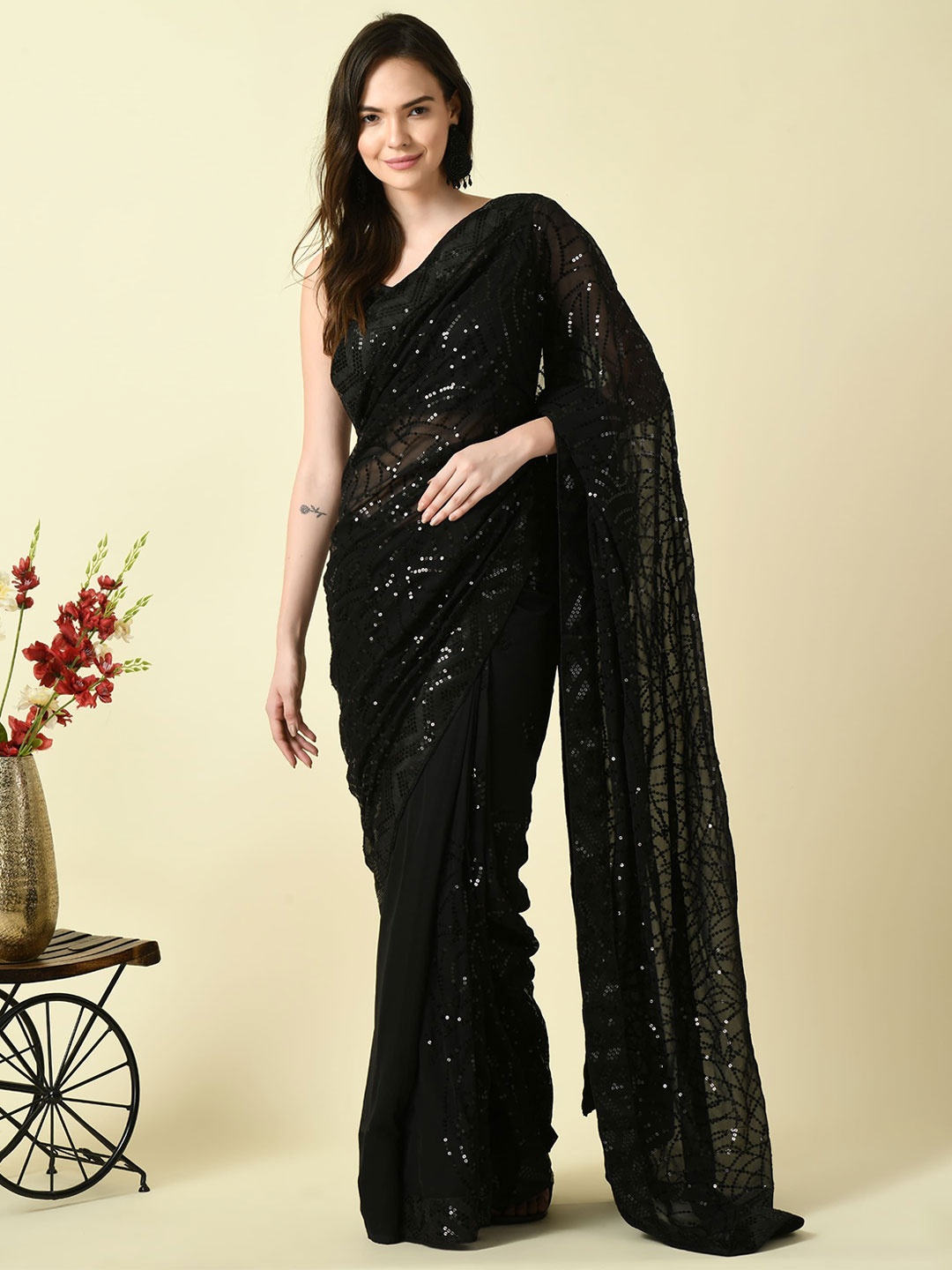 

SWADESI STUFF Embellished Sequinned Pure Georgette Saree, Black