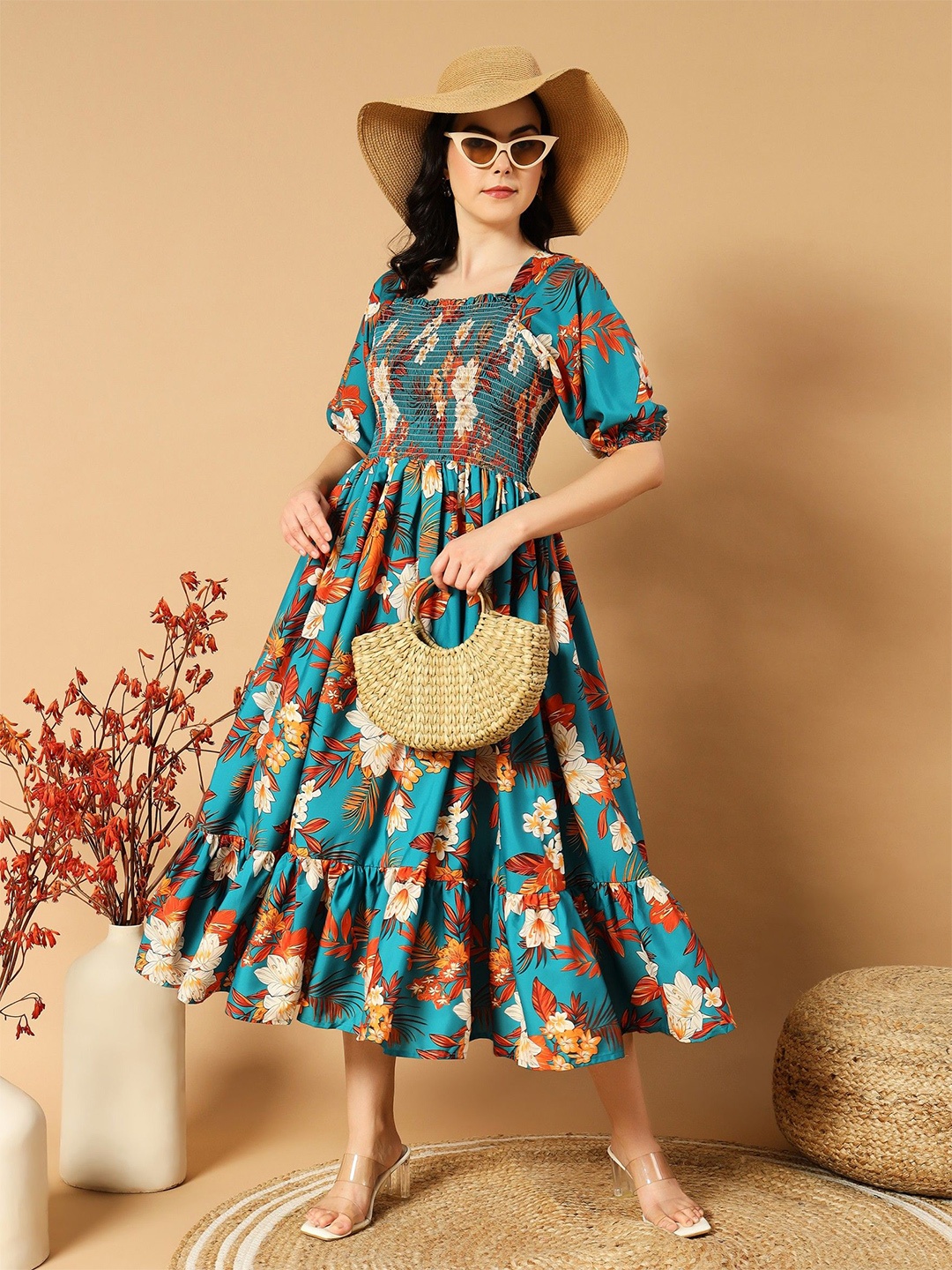 

Femvy Women Floral Printed Smocked Fit & Flare Tiered Dress, Blue