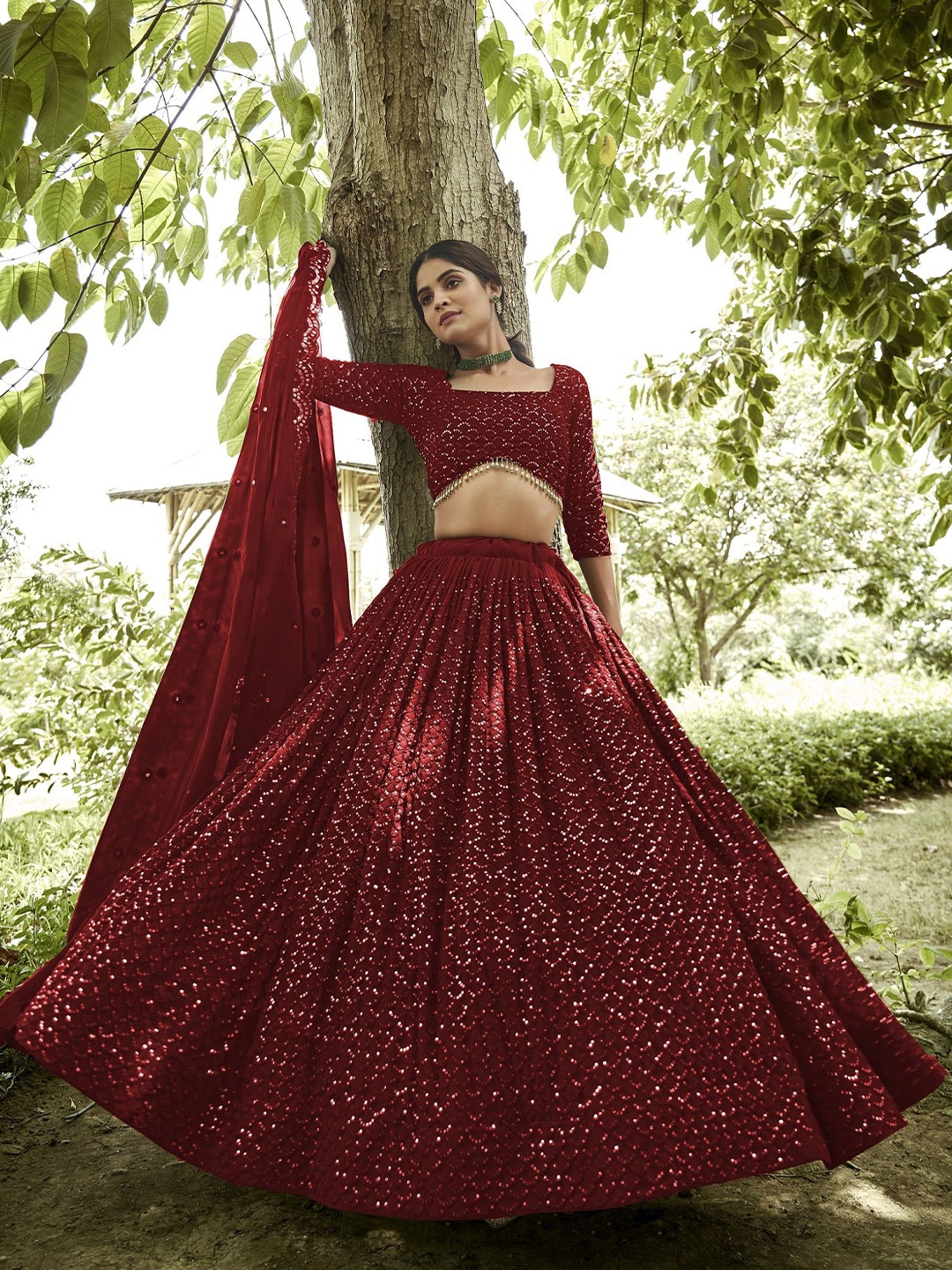 

KALINI Embroidered Sequinned Semi-Stitched Lehenga & Unstitched Blouse With Dupatta, Red