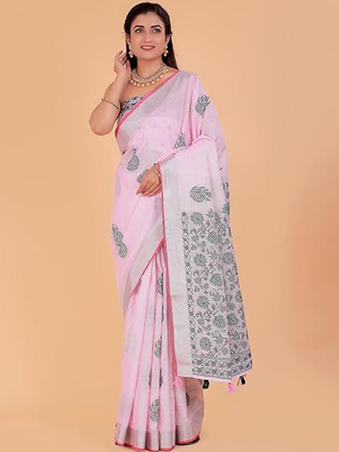 

NEGRONI Woven Design Floral Saree, Pink