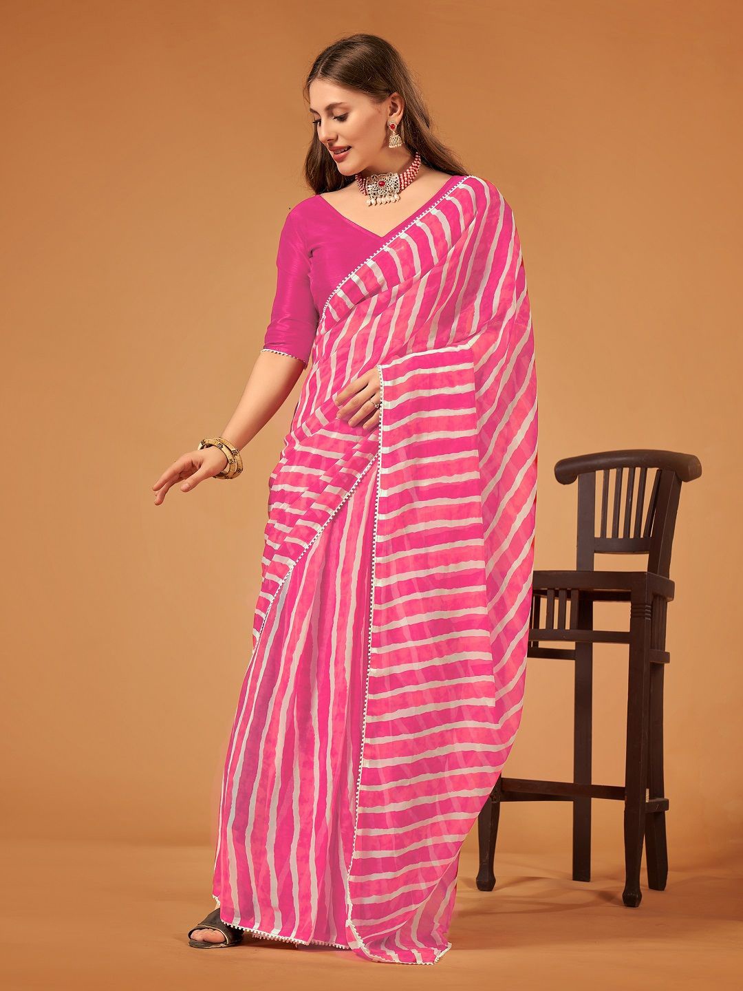 

PMD Fashion Leheriya Printed Gotta Patti Pure Georgette Ready to Wear Leheriya Saree, Pink