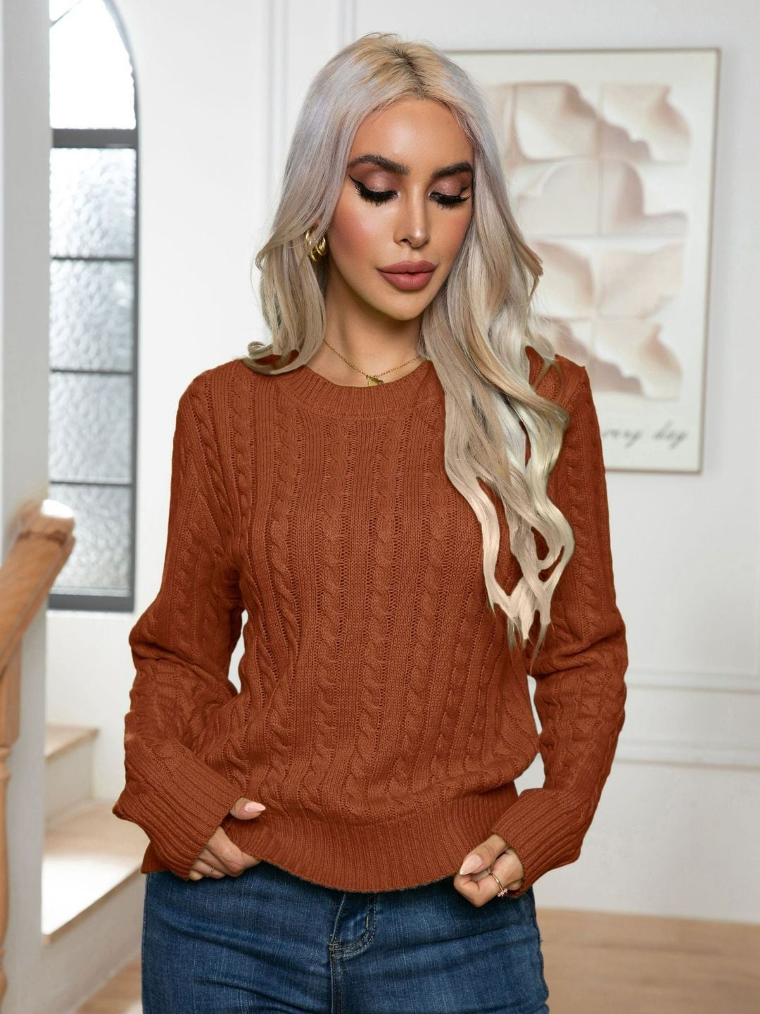 

Oh Rare Women Cable Knit Pullover, Brown