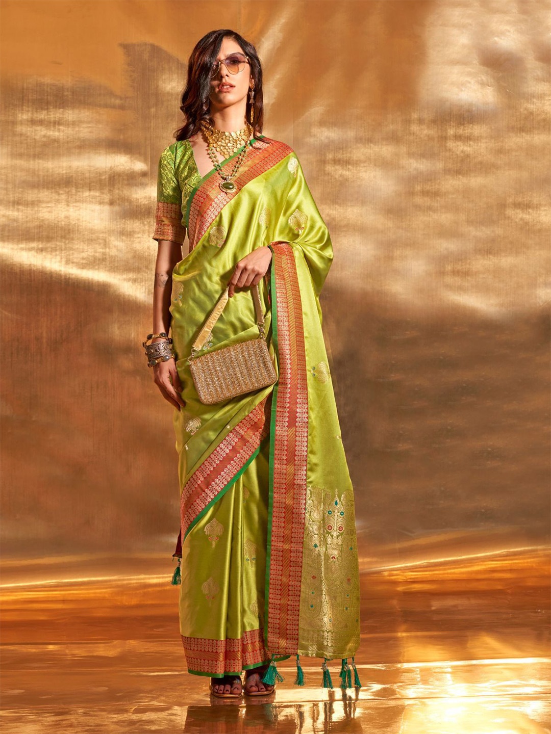 

ODETTE Ethnic Motifs Zari Satin Saree, Green