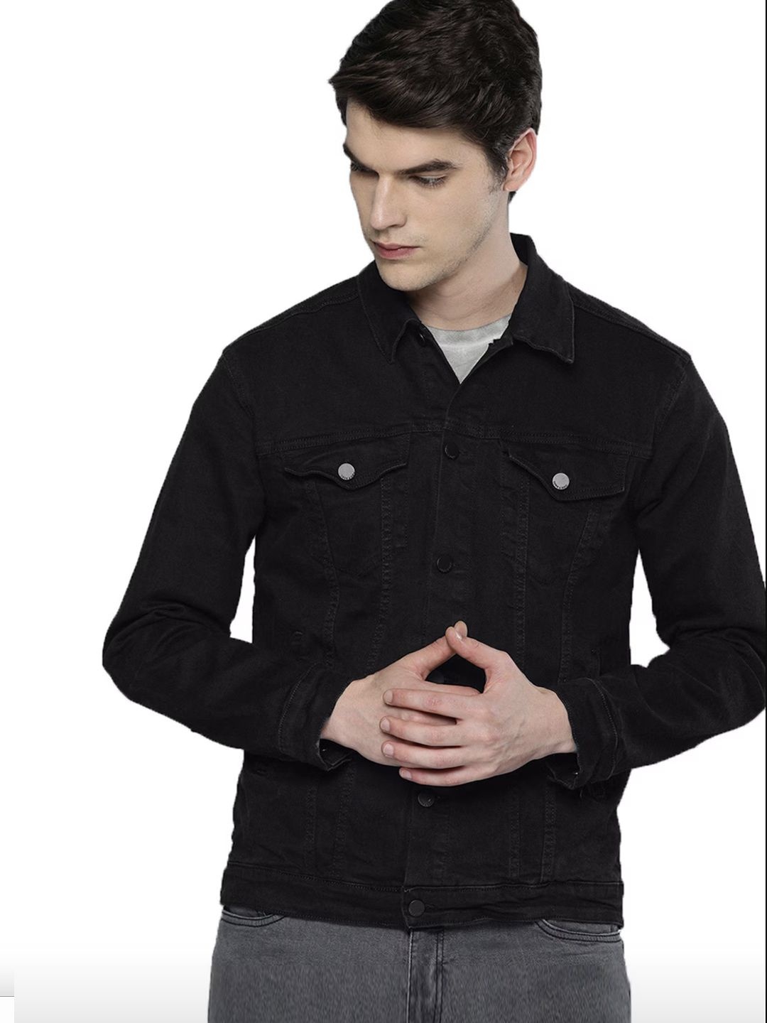 

MASTERLY WEFT Men Spread Collar Solid Casual Denim Jacket, Black