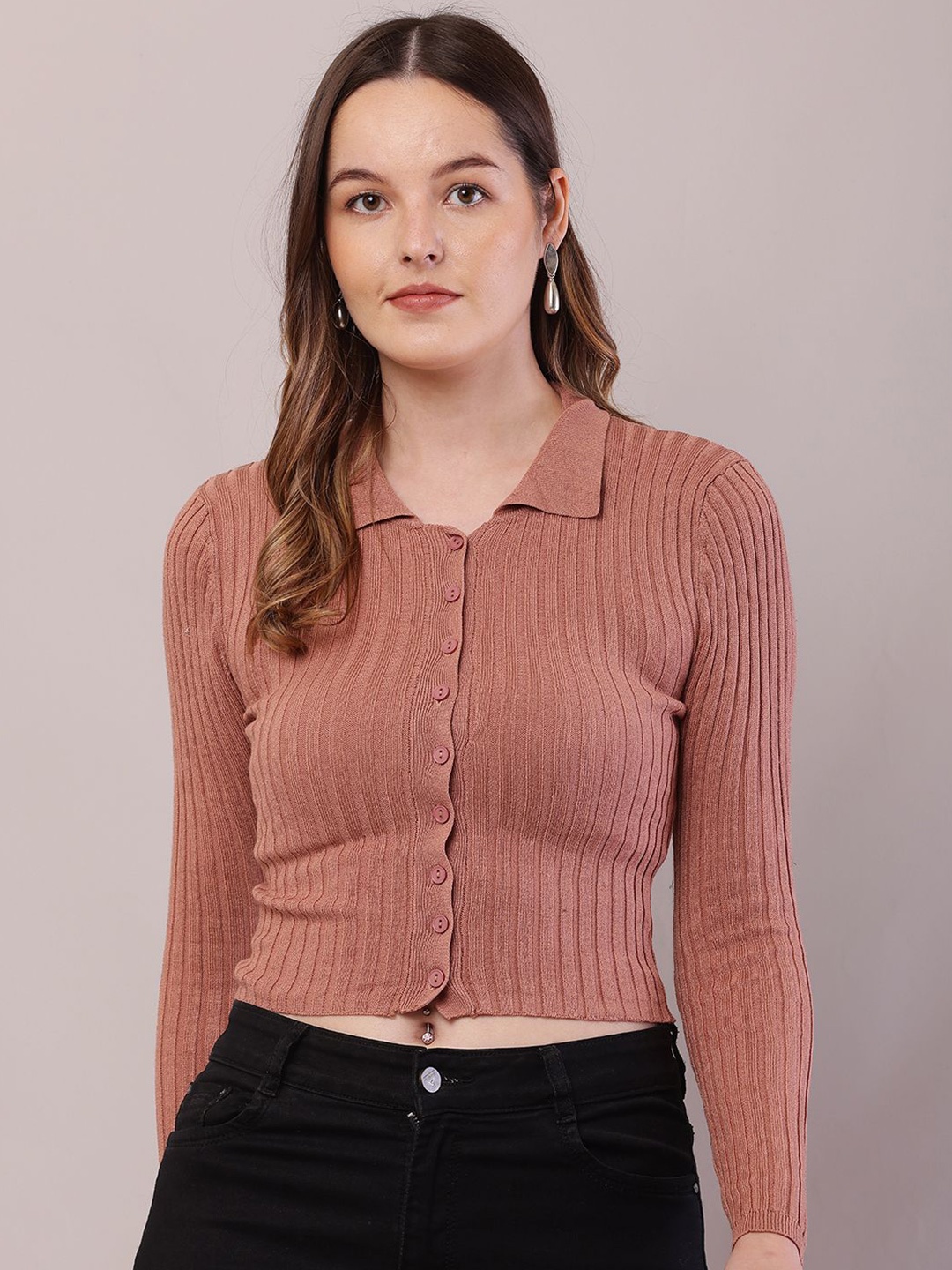 

NoBarr Women Shirt Collar Front-Open Sweater, Brown