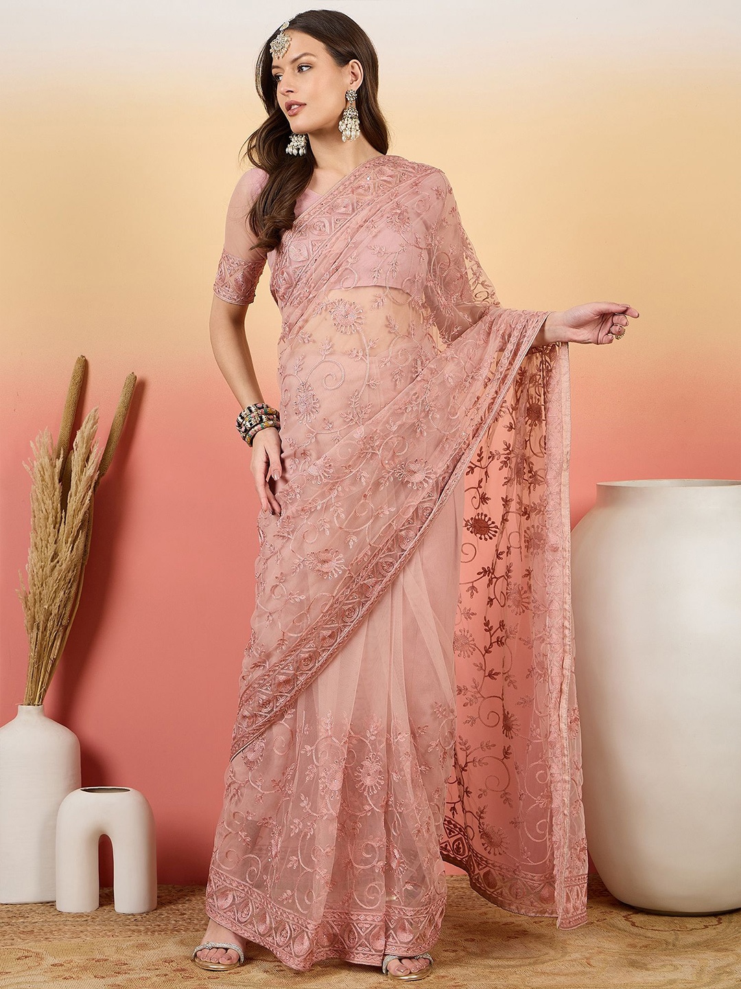 

Sangria Embroidered Net Saree With Unstitched Blouse, Pink