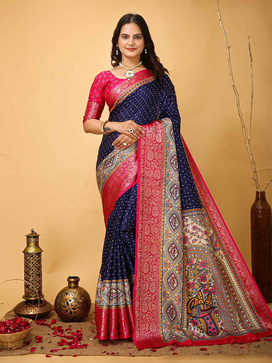 

LeeliPeeri Designer Checked Woven Design Zari Saree, Navy blue