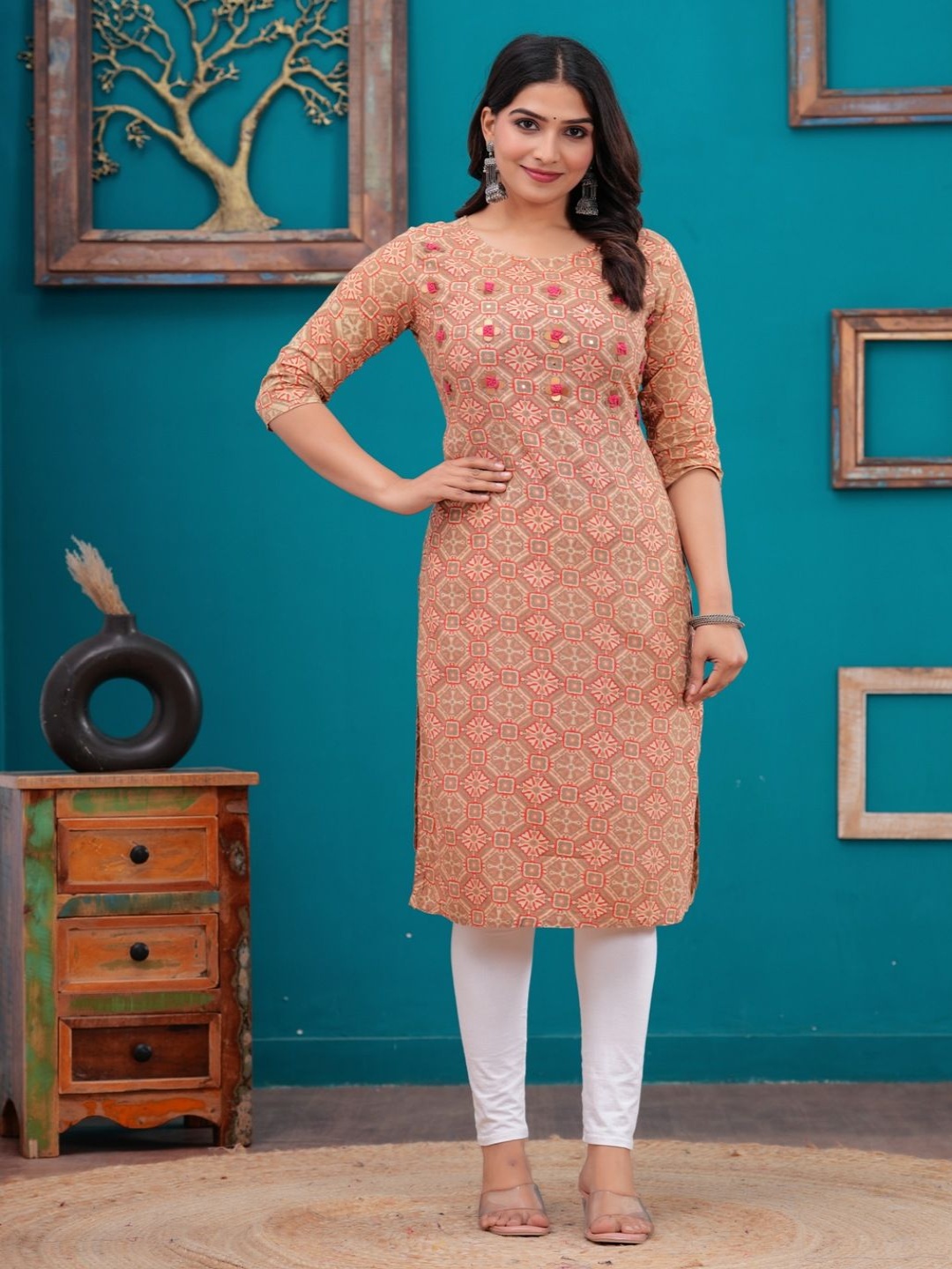 

UNISETS Floral Printed Thread Work Straight Kurta, Tan