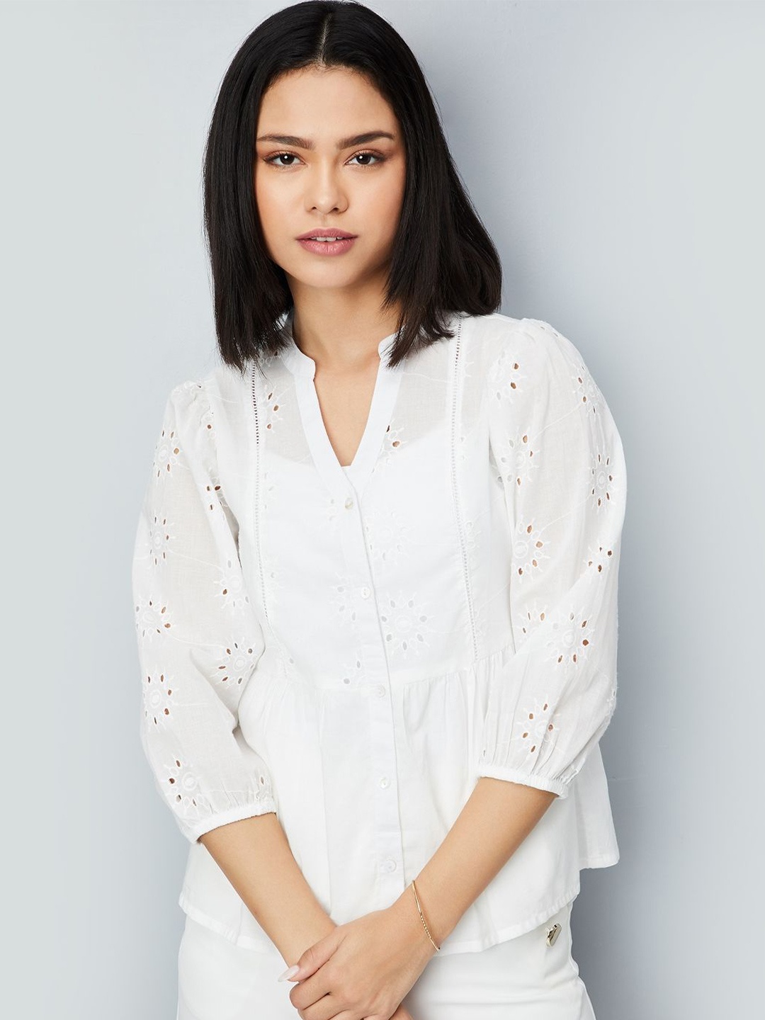 

max Mandarin Collar Cotton Shirt Style Top, Beige