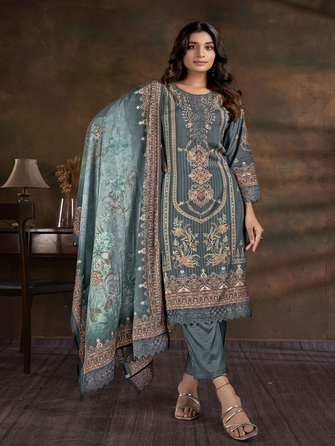 

Krimmple Women Ethnic Motifs Printed Regular Pure Silk Kurta with Trousers & With Dupatta, Turquoise blue