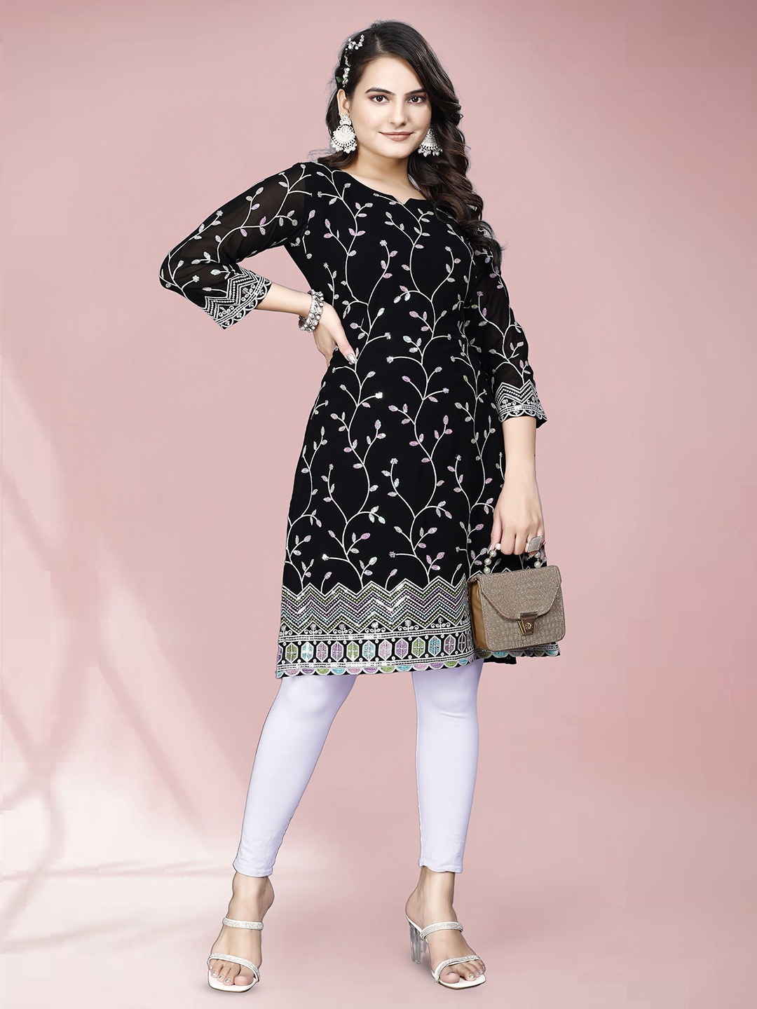 

WEAVETECH IMPEX Ethnic Motifs Embroidered V-Neck Sequinned Kurti, Black