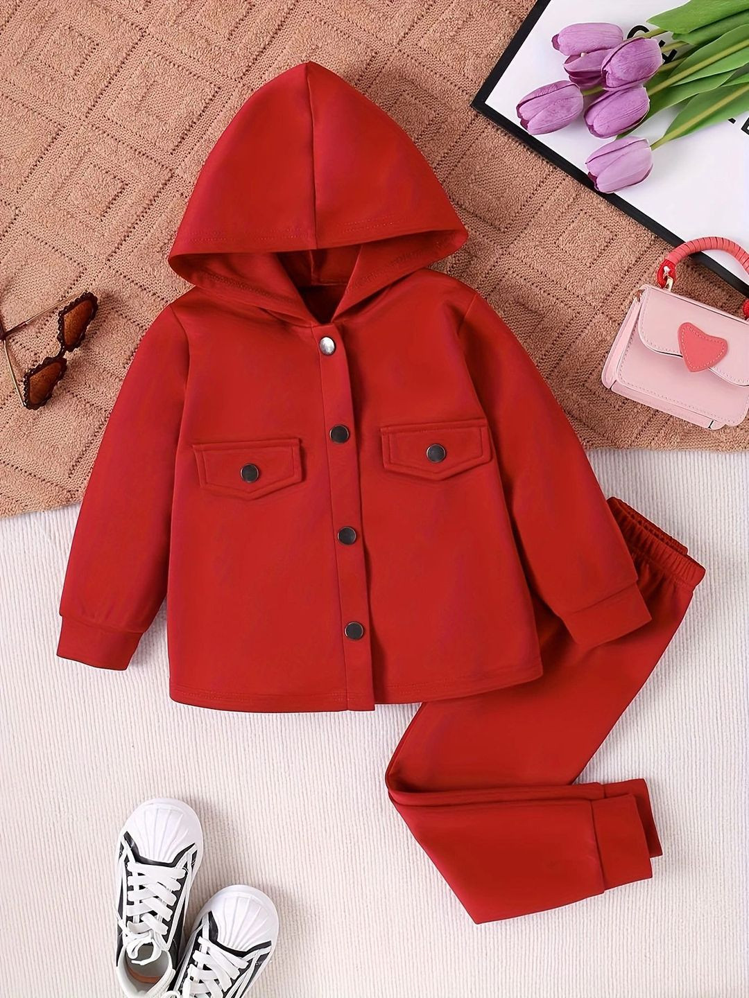 

YK Girls Hooded Long Sleeves Sweatshirt With Joggers, Red