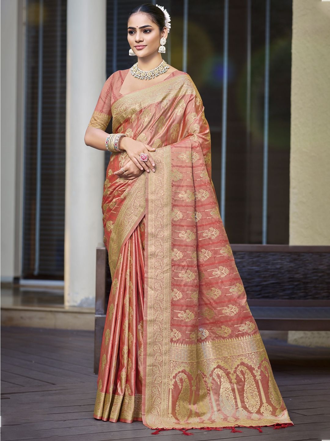 

SANGAM PRINTS Ethnic Motifs Woven Design Zari Satin Tussar Saree, Peach