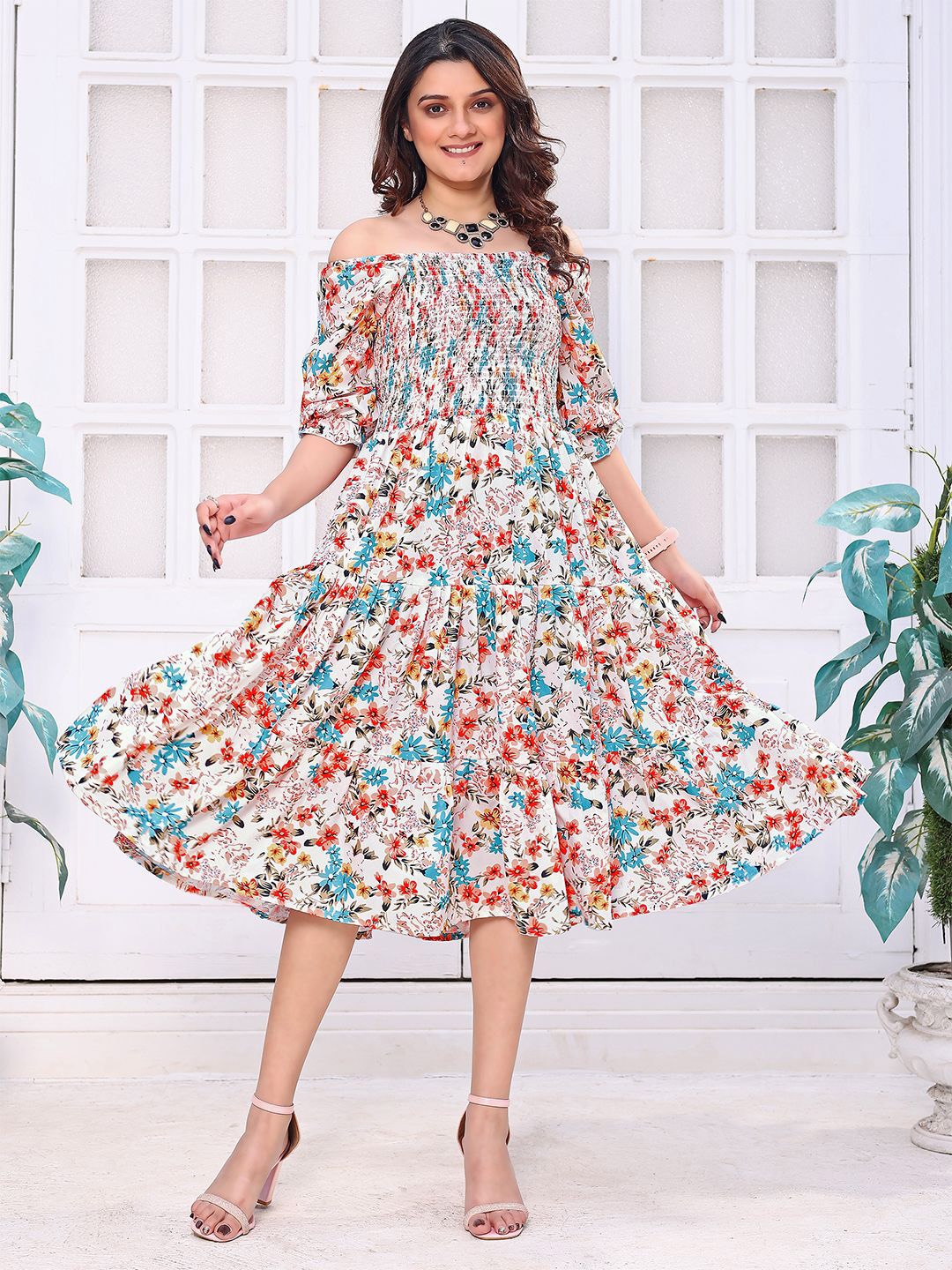 

BAESD Women Cotton Floral Printed Bell Sleeve Off Shoulder Smoked Fit & Flare Midi Dress, White