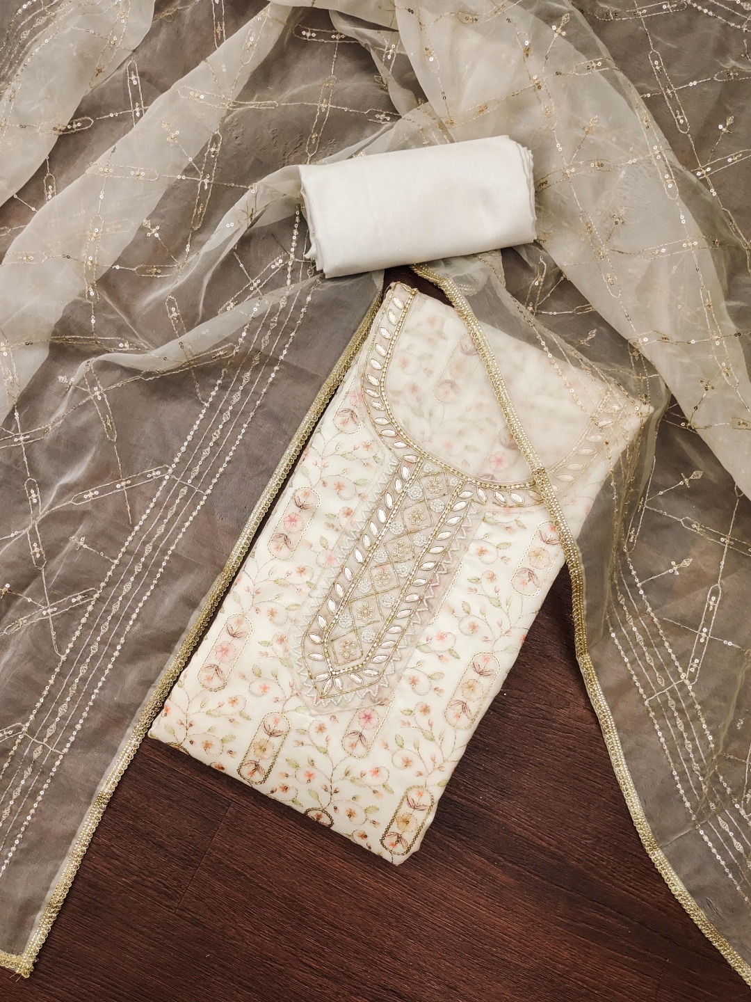 

KALINI Embroidered Organza Unstitched Dress Material, White