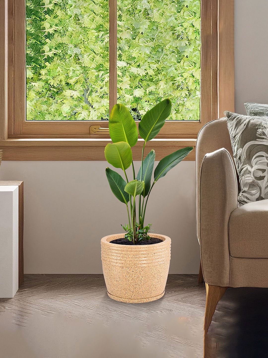 

Kuber Industries Brown Textured Roto Mould Flower Planters With Tray