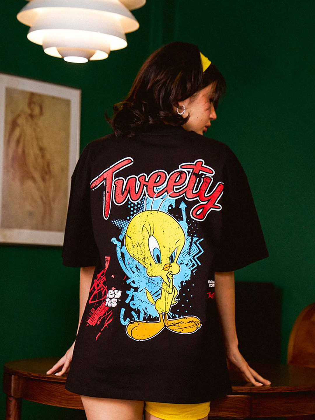 

Bonkers Corner Women Looney Tunes Graphic Printed Round Neck Cotton Oversized T-shirt, Black
