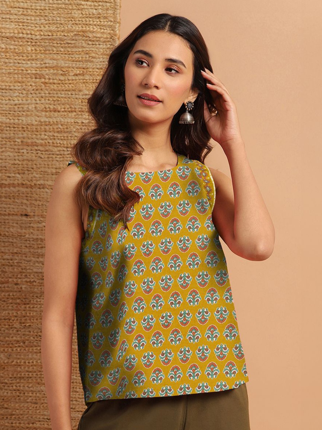 

Janasya Floral Print Cotton Top, Mustard