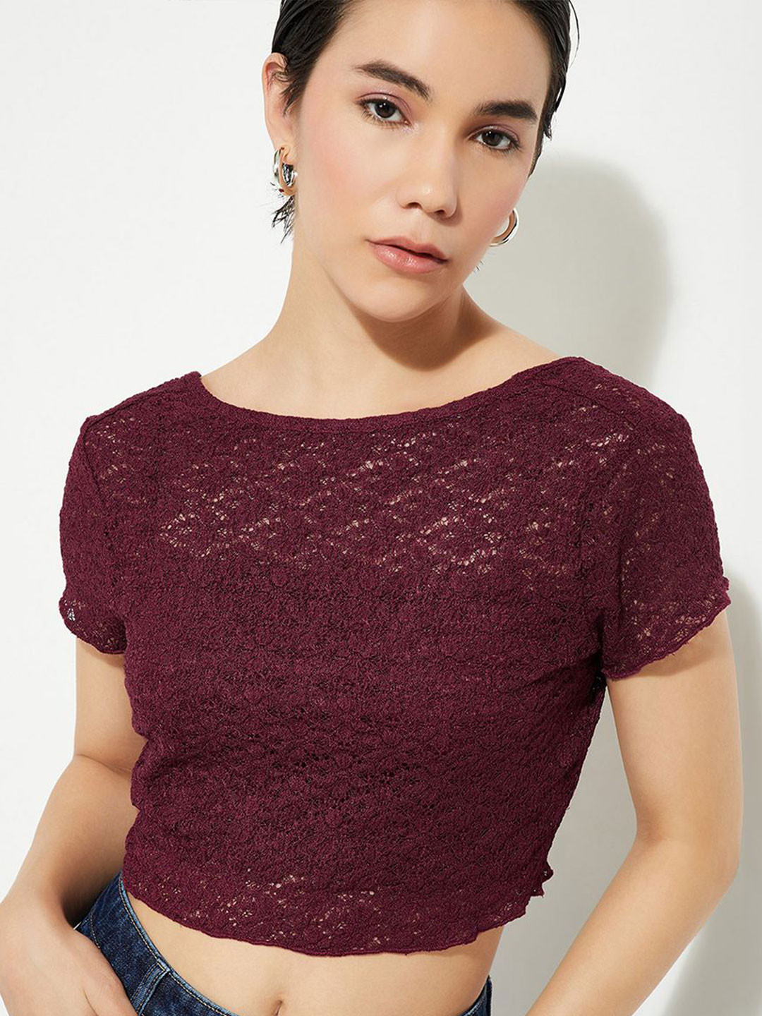 

MAX URB_N Women Lace Crop Top with Camisole, Maroon