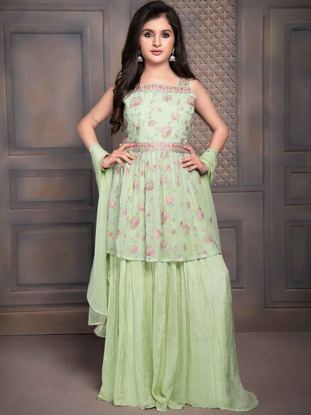 

Lagorii Sleeveless & Embroidery With Mirror Work Kurti With Sharara & Dupatta, Green