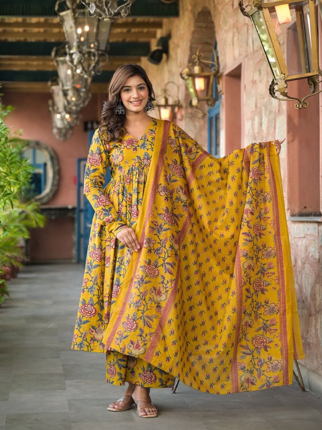 

VASUPRADA Floral Printed Empire Pure Cotton Anarkali Kurta With Palazzo & Dupatta, Mustard