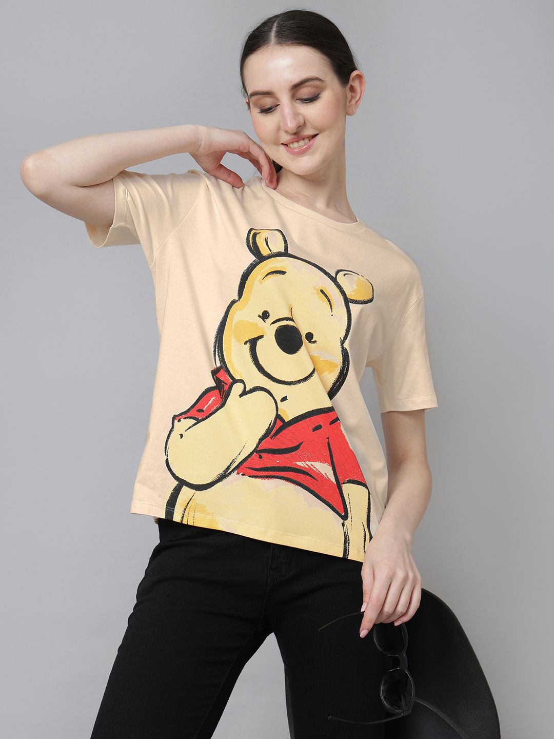 

Free Authority Women Winnie The Pooh Graphic Printed Round Neck Cotton Oversized T-shirt, Beige