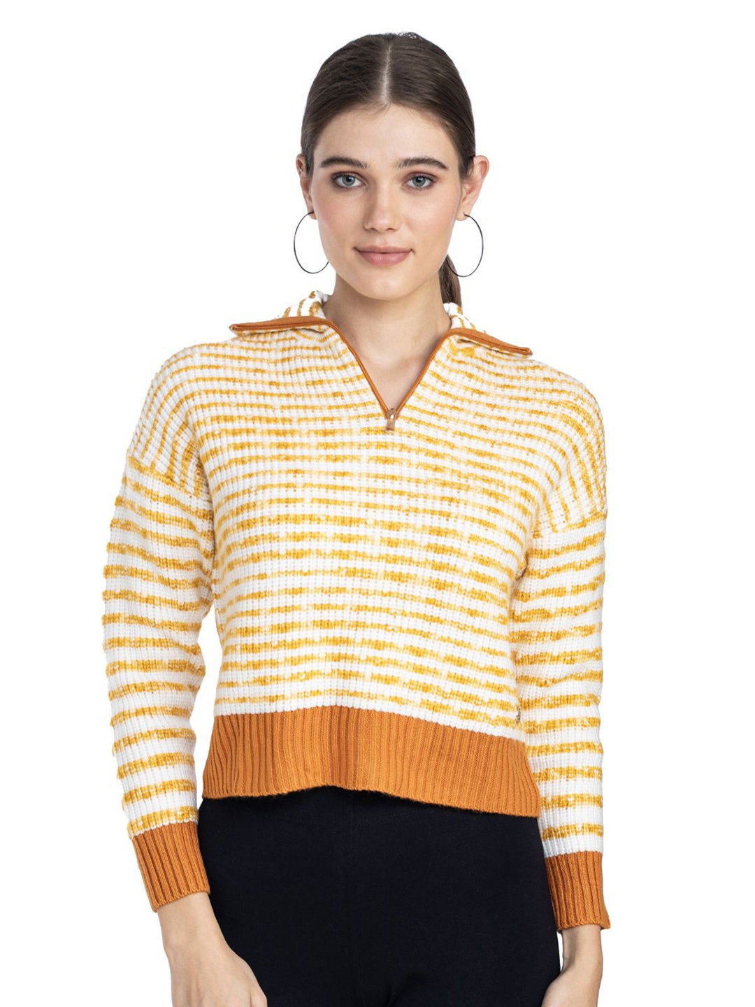 

Moda Elementi Women Striped Shirt Collar Woollen Pullover, Yellow