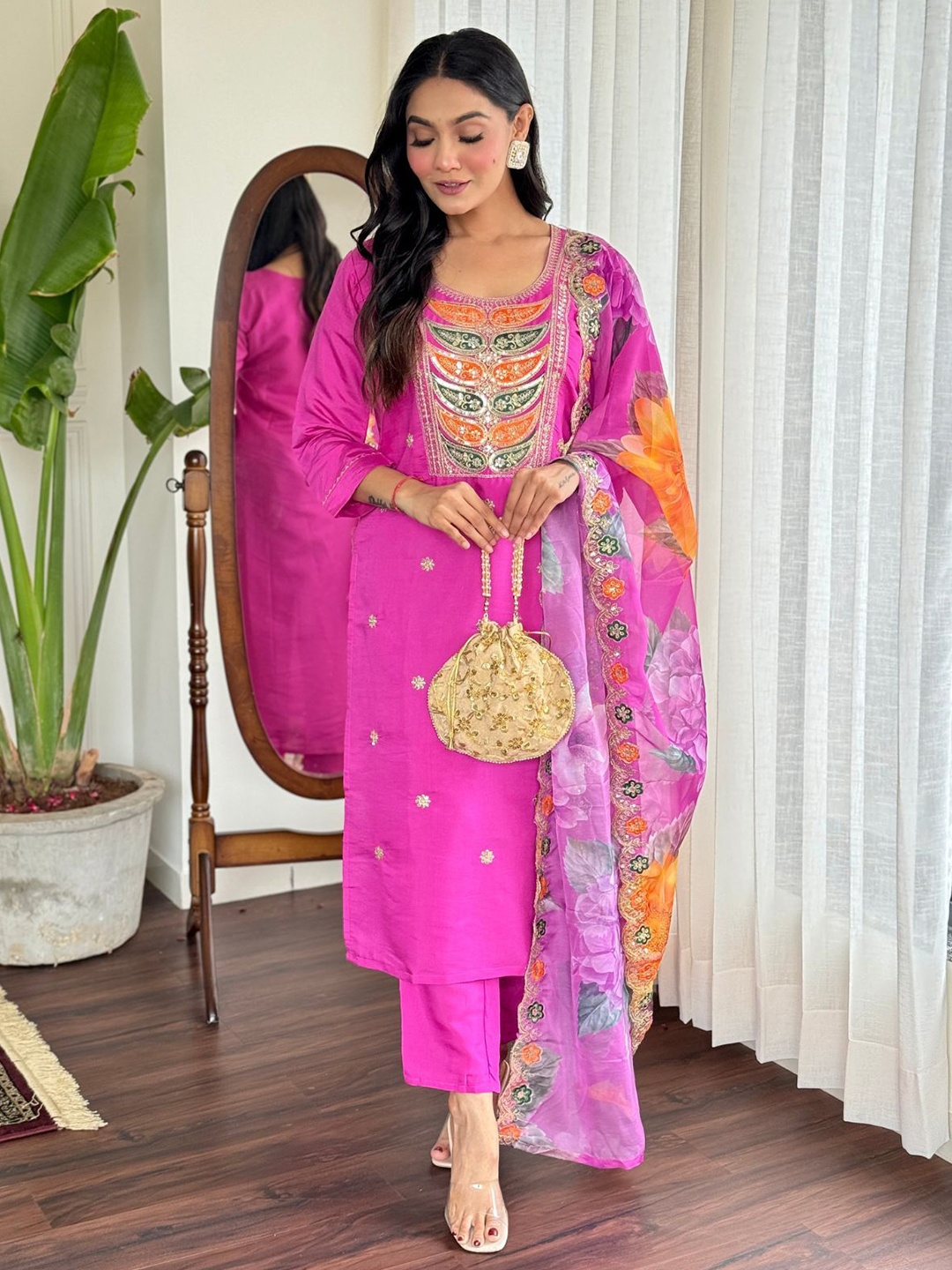 

ODETTE Floral Embroidered Sequinned Straight Kurta with Trousers & Dupatta, Pink