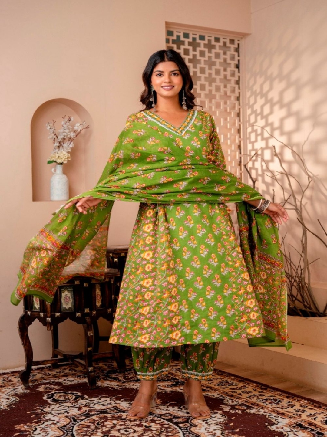 

SINSINI Women Floral Printed Angrakha Pure Cotton Kurta with Trousers & With Dupatta, Green