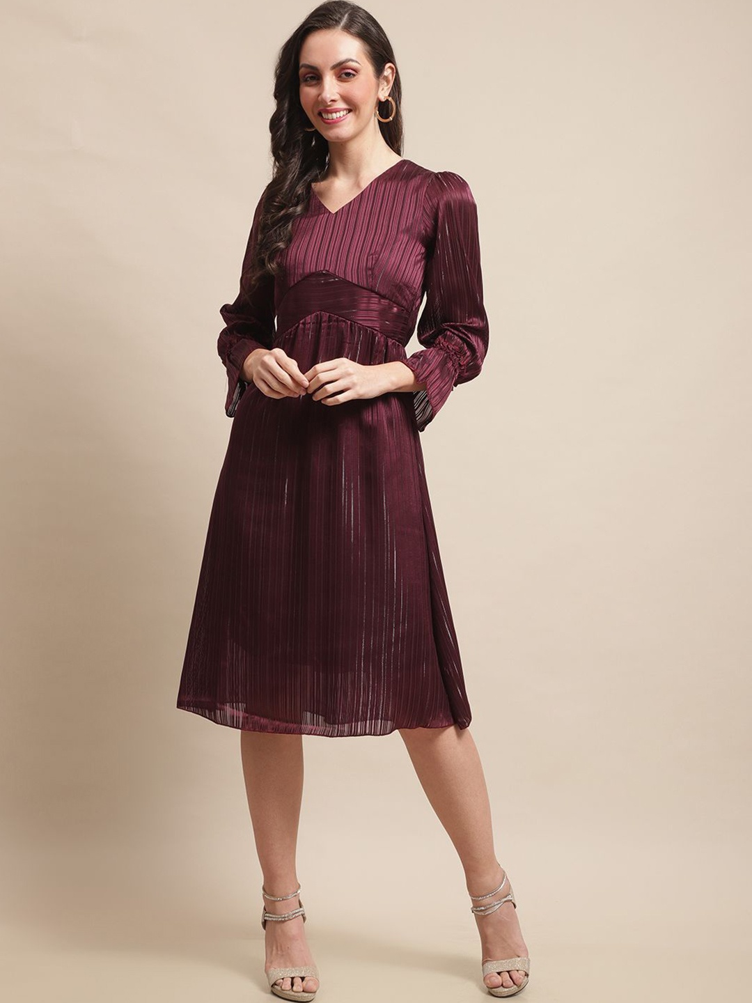 

Claura Women Cuffed Sleeves Fit and Flare Dress, Burgundy