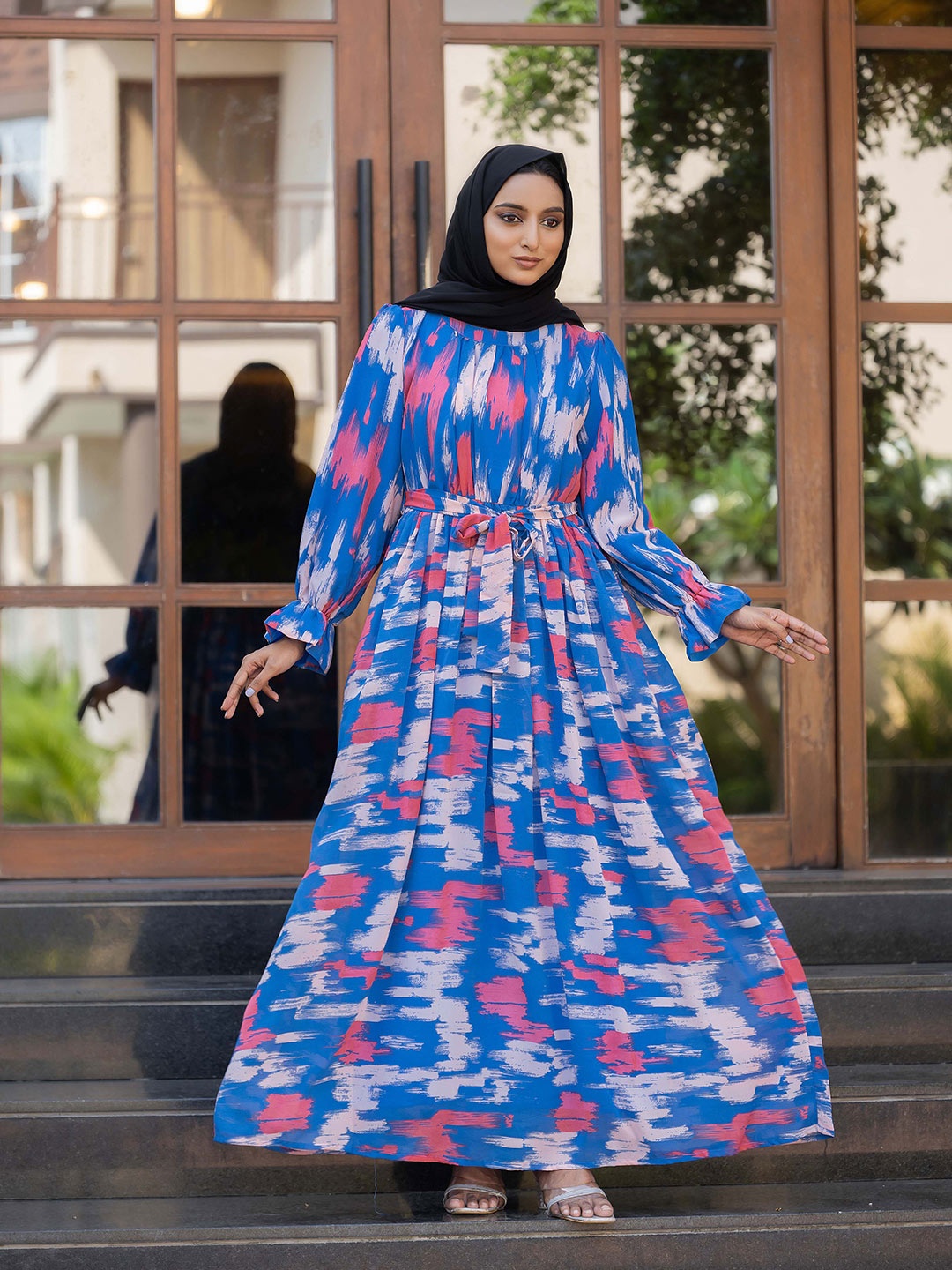 

SARINKU Print Puff Sleeve Georgette Maxi Midi Dress, Blue