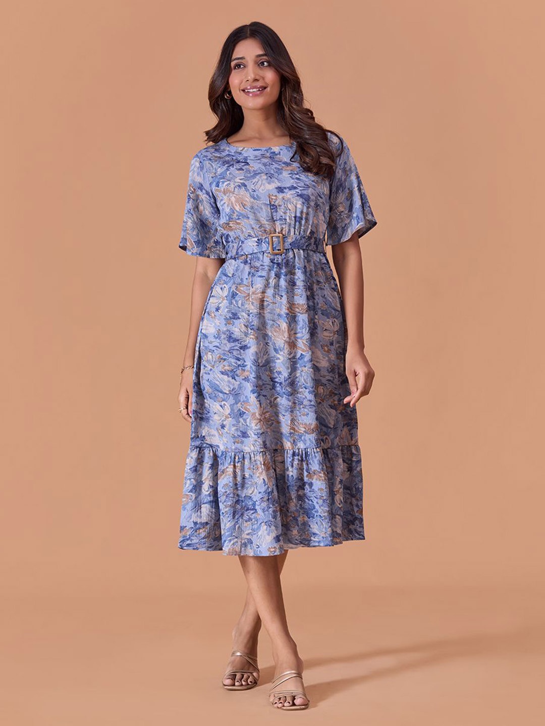 

Fashfun Women Floral Printed Bell Sleeve Cotton Fit & Flare Midi Dress With Belt, Blue