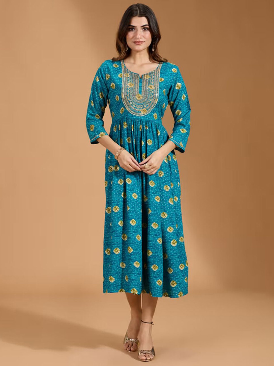 

Sangria Embroidered Fit & Flared Midi Ethnic Dress, Teal