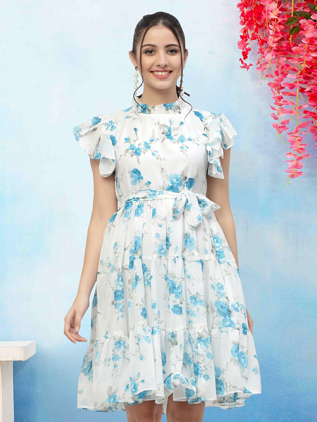 

MISS AYSE Women Floral Printed Cotton Fit & Flare Dress, Blue