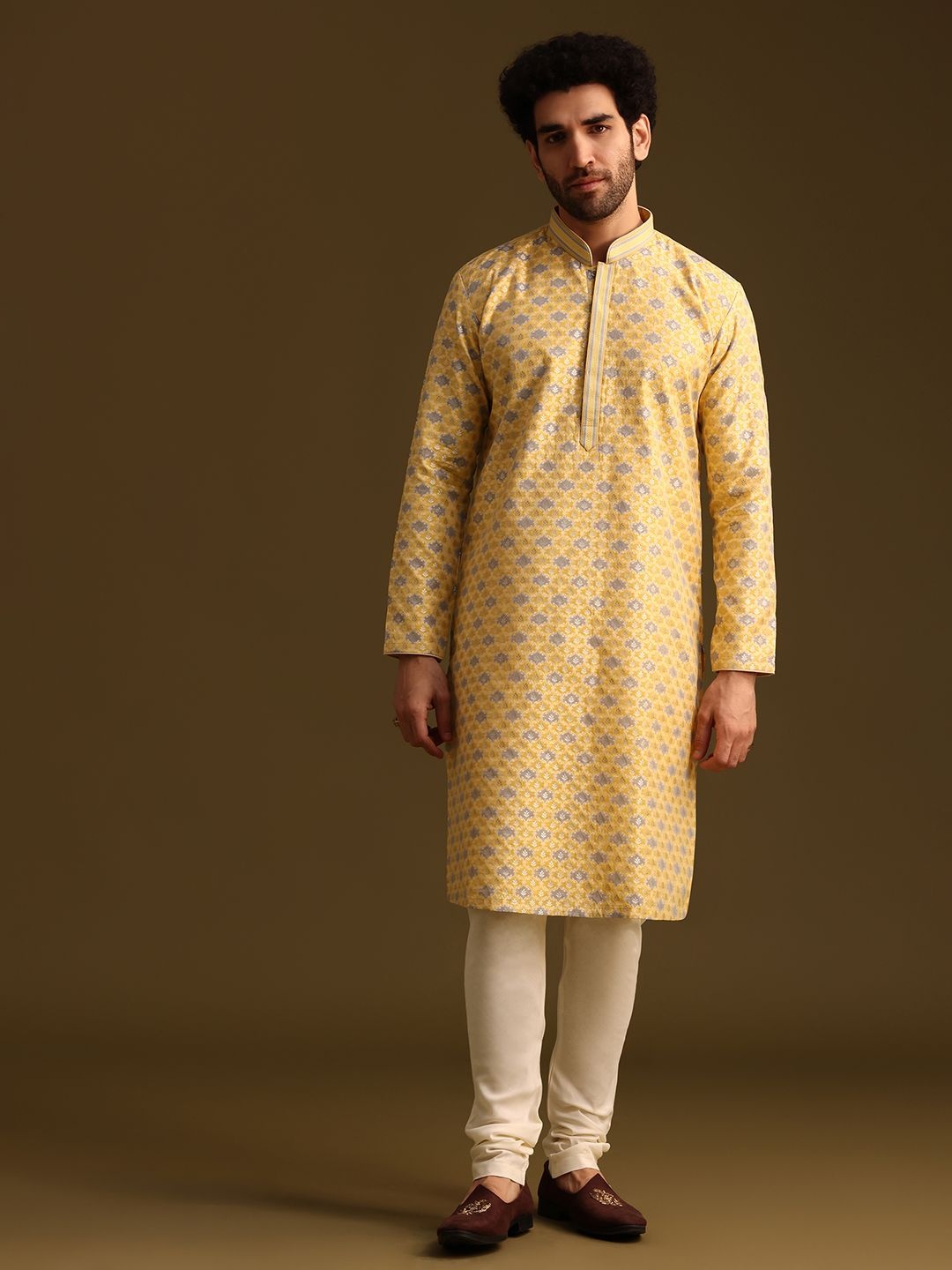 

KALKI Fashion Ethnic Motifs Printed Mandarin Collar Straight Kurta With Churidar, Yellow