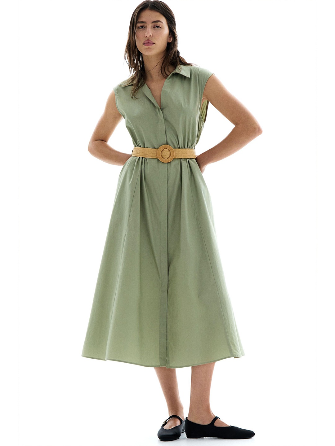 

H&M Belted Cotton Shirt Dress, Green