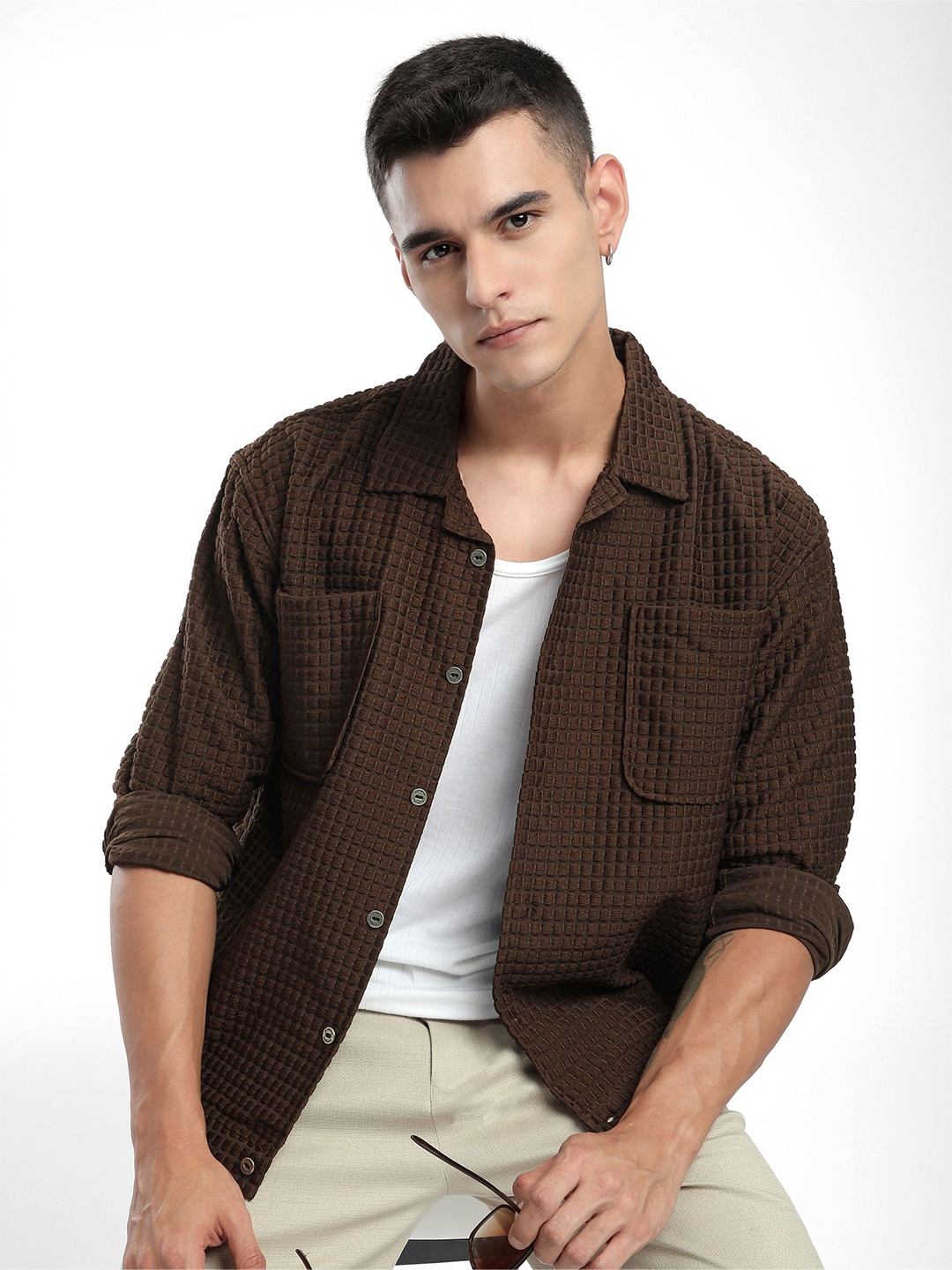 

Beyoung Men Relaxed Fit Cuban Collar Micro Checked Casual Shirt, Brown