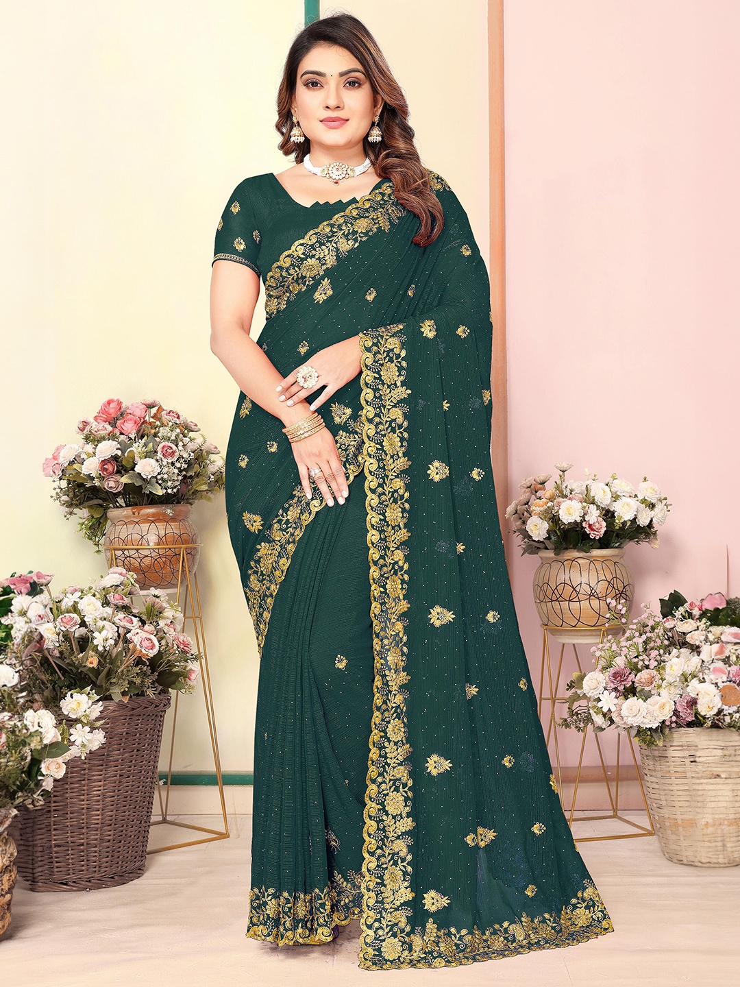 

KHRITI FAB Floral Embroidered Pure Georgette Saree, Green