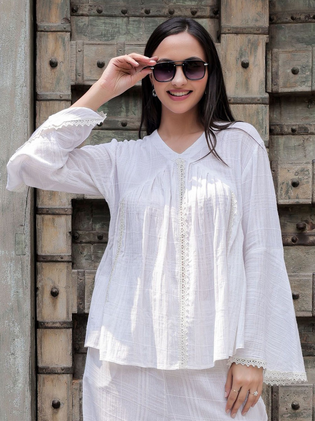 

Oskos Lace Detailing Pure Cotton Shirt Style Top, White
