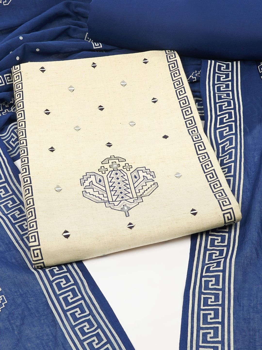 

KAMI KUBI Geometric Embroidered Mirror Work Pure Cotton Unstitched Dress Material, Off white