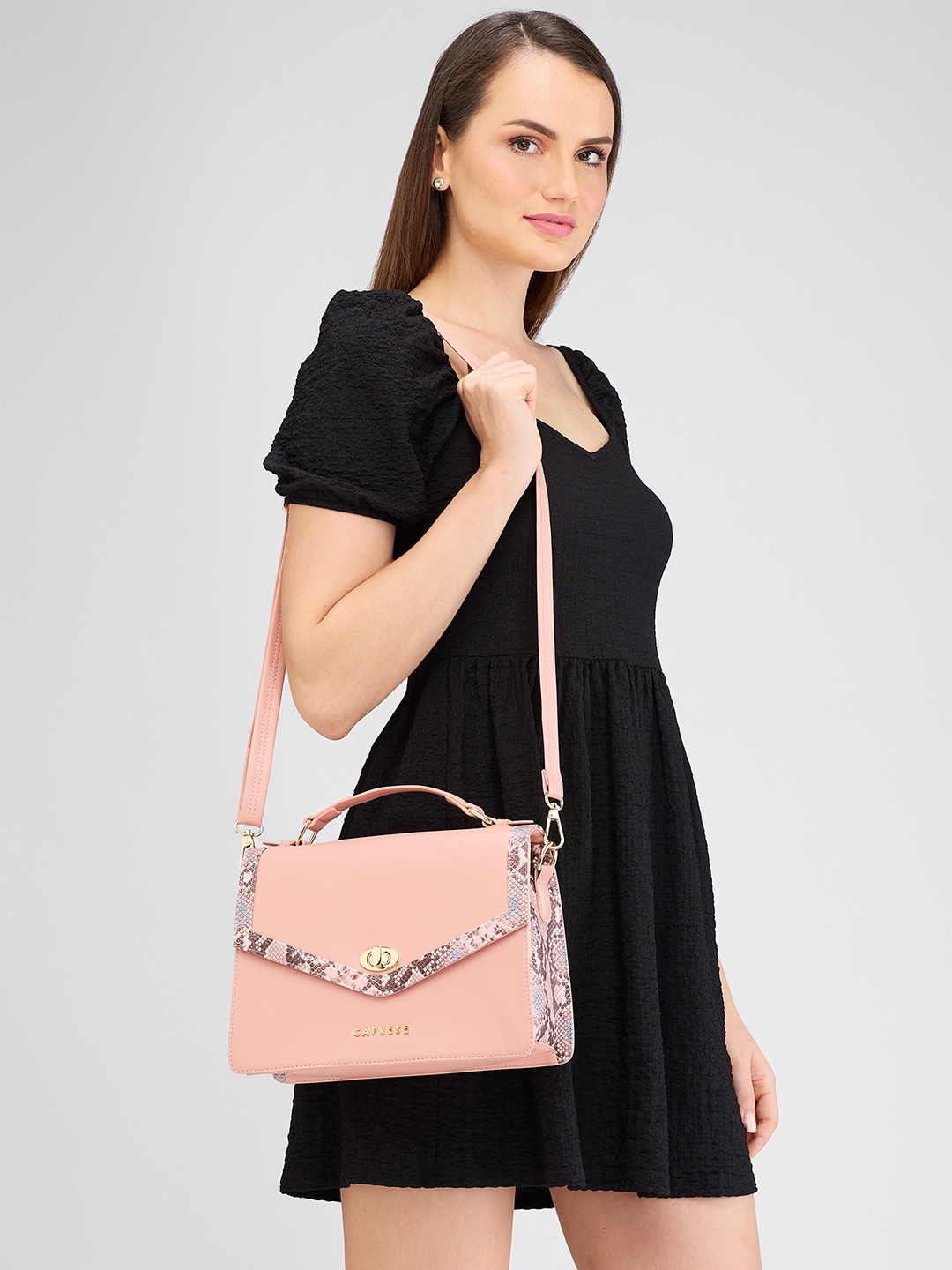 

Caprese Structured Satchel Bags With Snake Skin Print, Pink