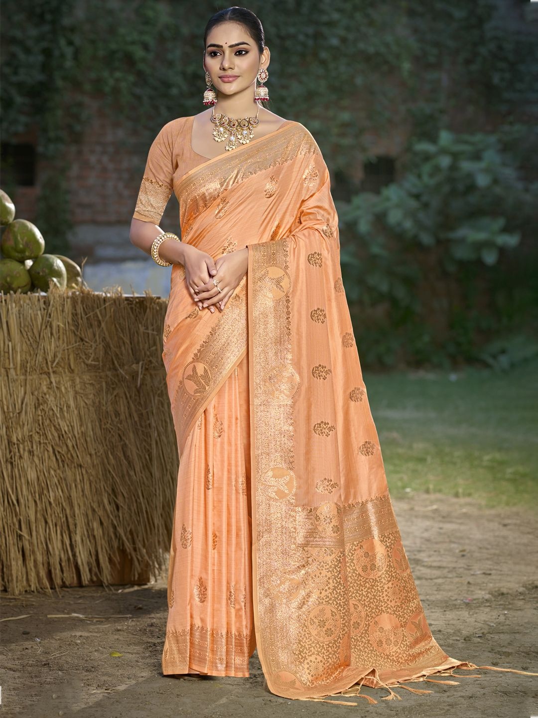 

SANGAM PRINTS Floral Zari Silk Blend Tussar Saree, Orange