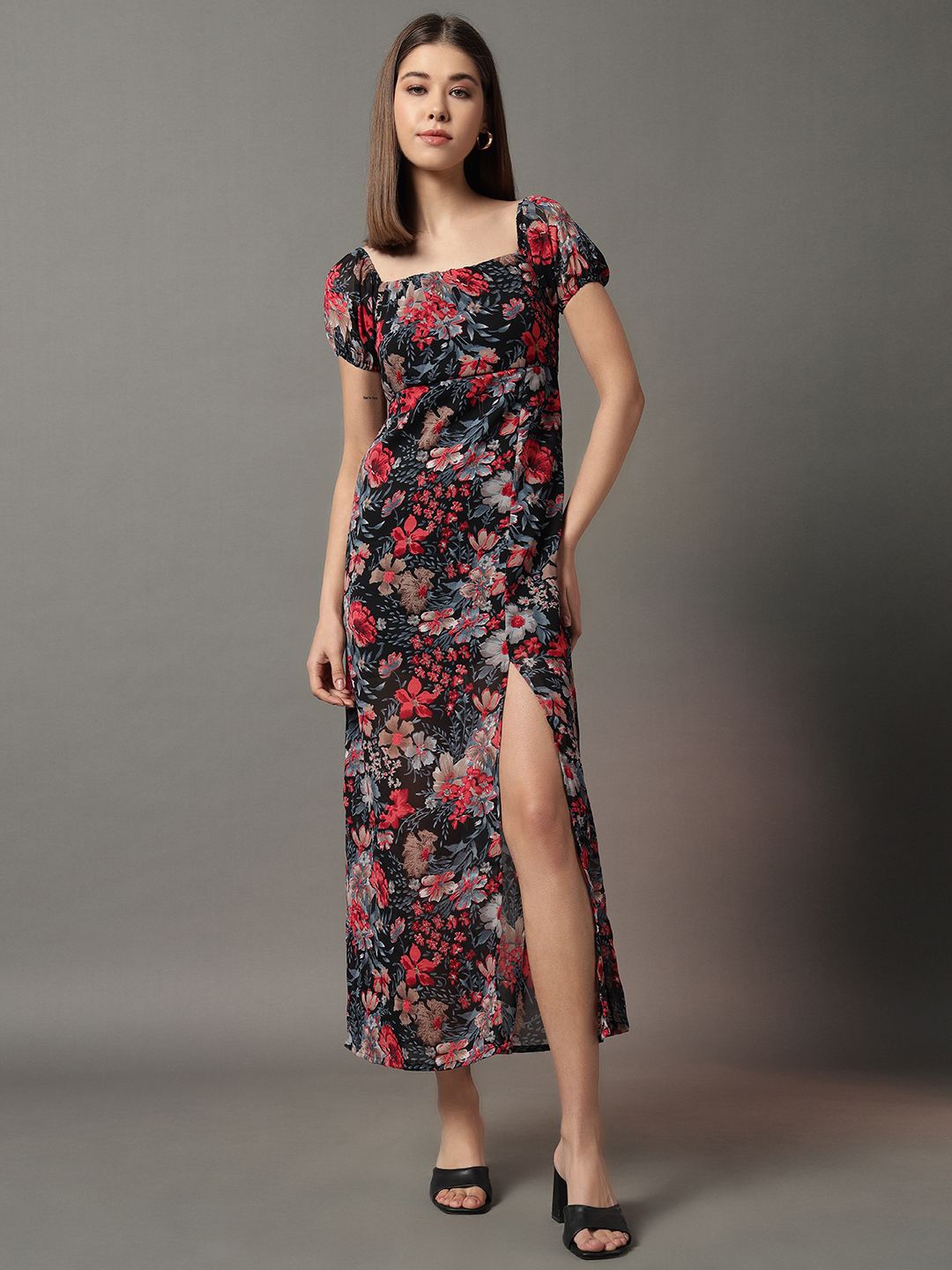 

Trend Arrest Women Floral Printed Puff Sleeve Maxi Dress, Pink