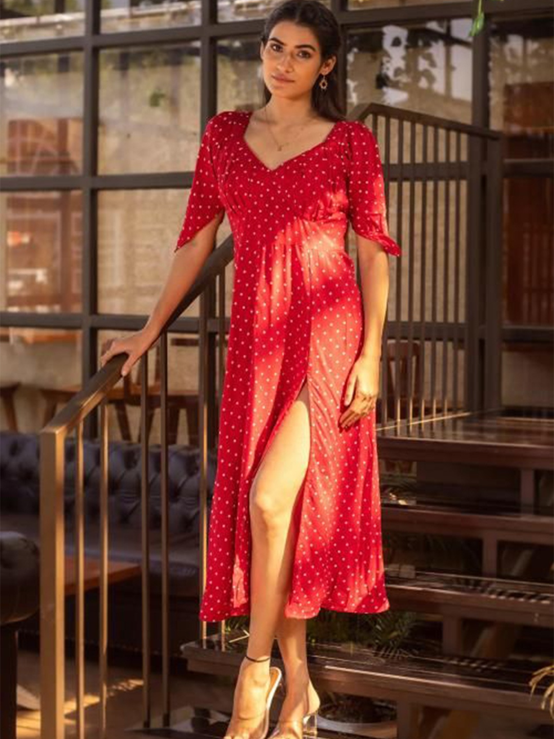 

SUKITI Polka Dot Fit & Flare Maxi Dress, Red