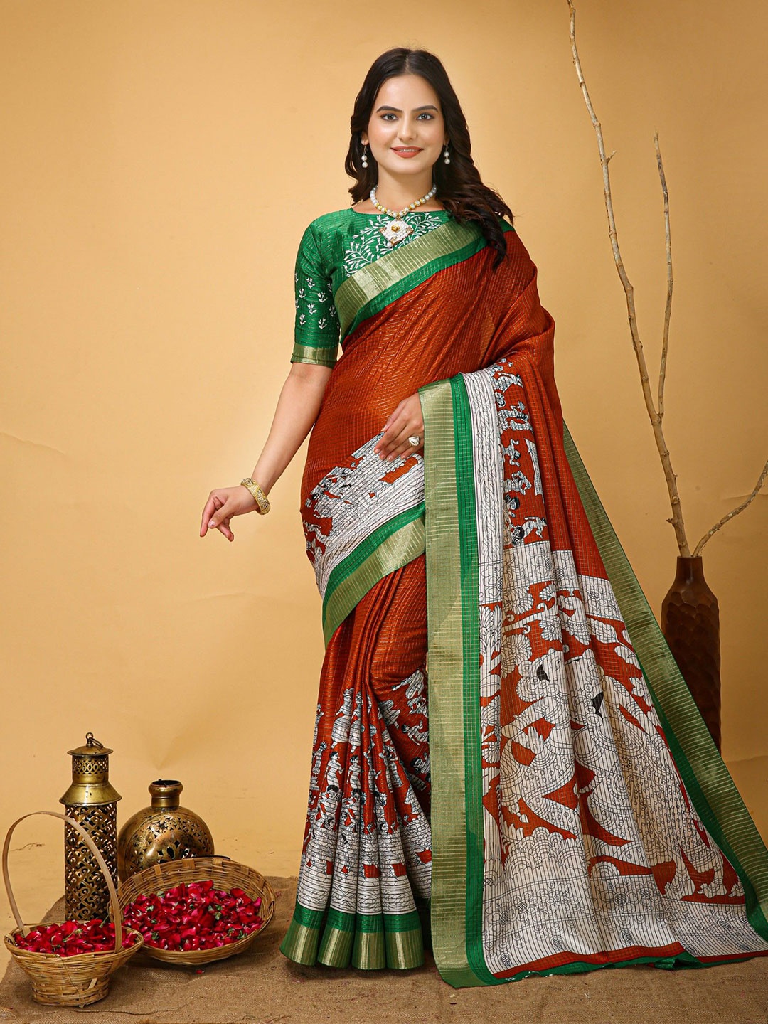 

LeeliPeeri Designer Kalamkari Printed Zari Saree, Orange